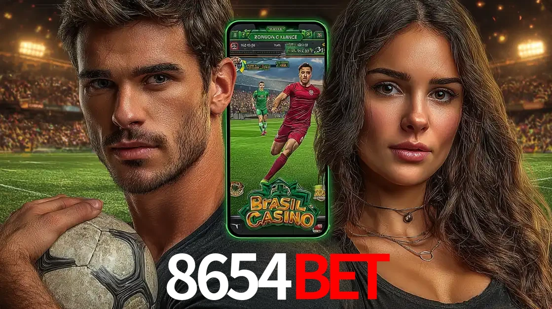 Homem segurando uma bola de futebol e uma mulher ao lado de um smartphone exibindo o jogo de apostas esportivas da 8654BET. Faça seu palpite no cassino online.